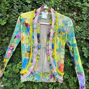 Beautiful FUZZI Floral Watercolor Mesh Cardigan with Ruffle Trim